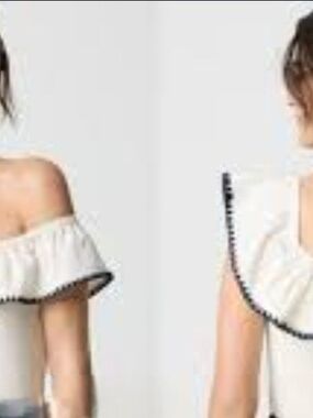 J. Crew White Sleeveless Ruffle Tank with Navy Trim
